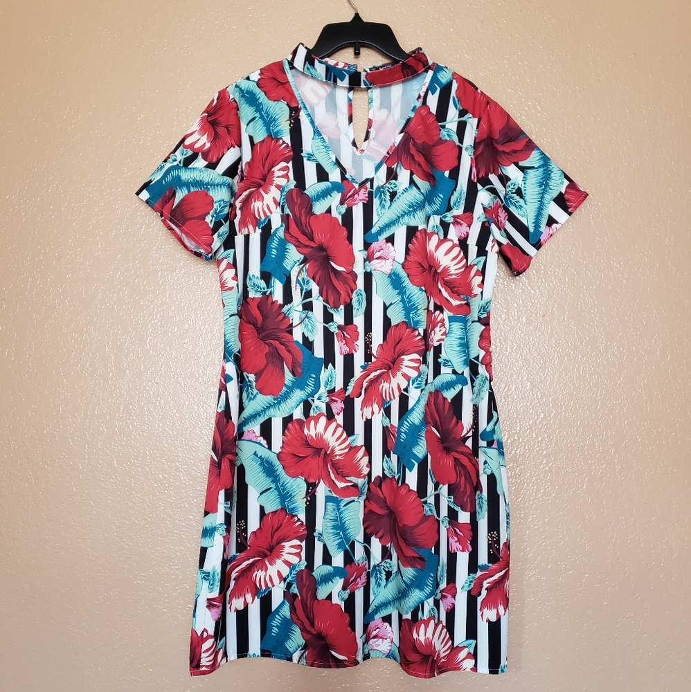 Shein Stripped Floral Shirt Dress - Size 1XL